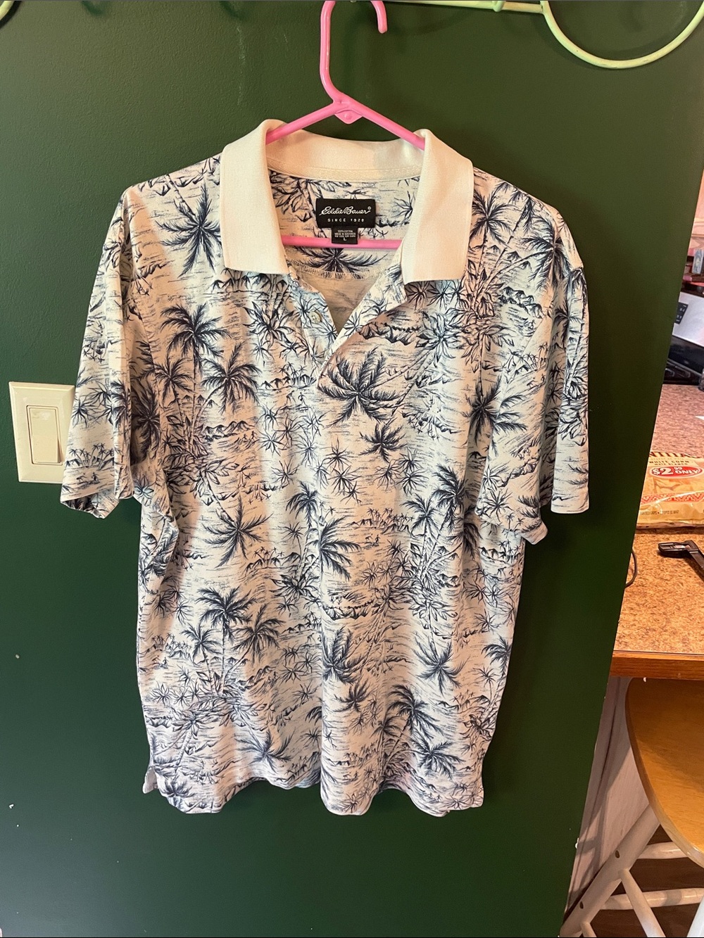 Eddie Bauer White Polo with Navy Tropical Palm Print Size Large 007